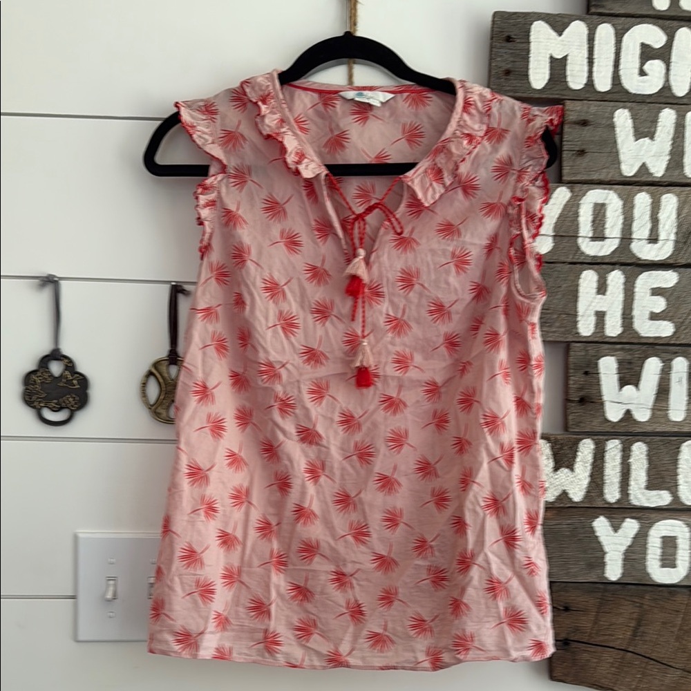 Boden Pink Shell-Print Sleeveless Ruffle Tie-Neck Top